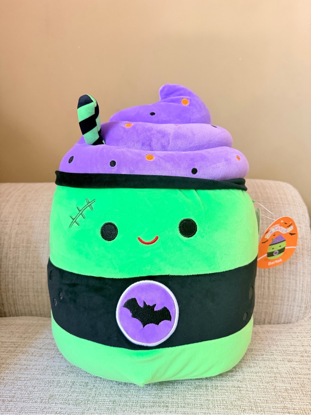 Squishmallows 12" Green and Purple Latte with Stitches and Bat logo Plush NEW